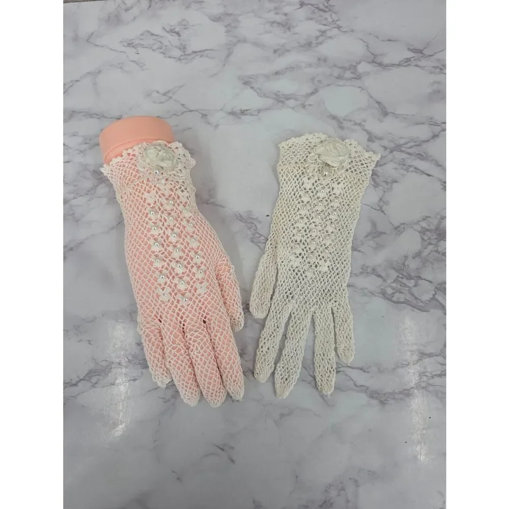 Vintage Crochet Lace Gloves Beaded with Rose Accent See Through
